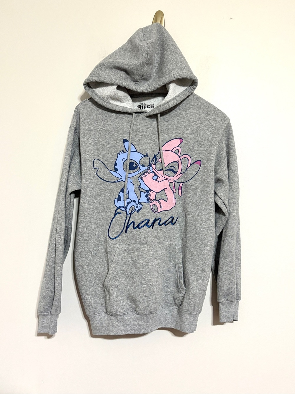 Disney Stitch and Angel Ohana Graphic Gray Hooded Sweatshirt Size X-Small
